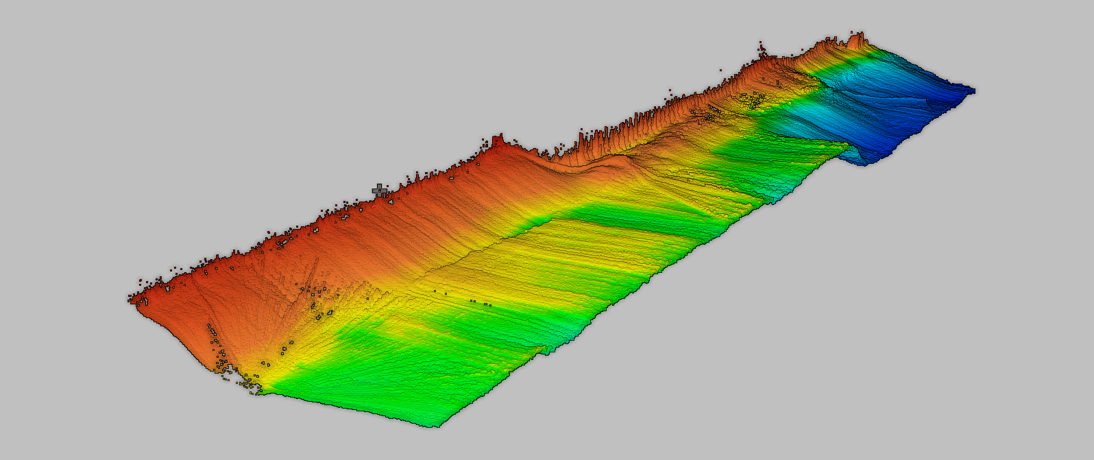 3D-Geländemodell des Mönkeberger Ufers mit farbcodierter Tiefendarstellung, erstellt per Multibeam-Echolot- und Sonarvermessung